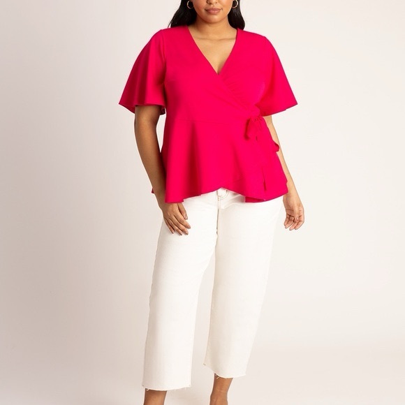 Eloquii Tops - ELOQUII Stretch Top Blouse Plus Size 18 Bright Pink Wrap Drape Flutter Sleeve